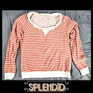 Splendid Brand - Coral & Cream Twist Collar Striped 3/4 Sleeve French Terry Top